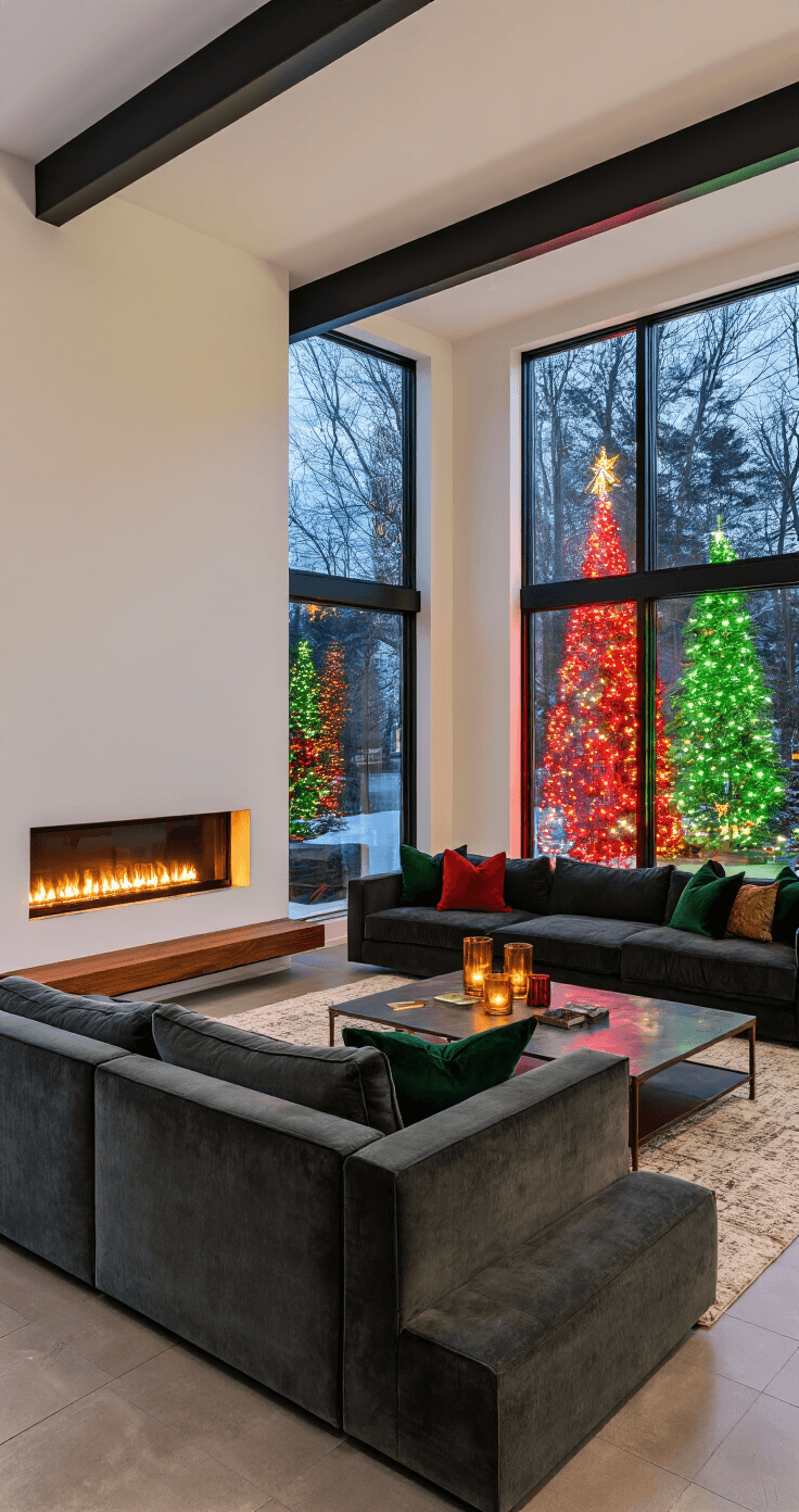 Colored Christmas Lights on Houses: Your Complete Guide to Creating a Stunning Outdoor Display Wide-angle interior shot of a modern living room during golden hour, featuring a charcoal sectional sofa, a linear gas fireplace, and floor-to-ceiling windows showcasing a colorful LED Christmas light display outside.