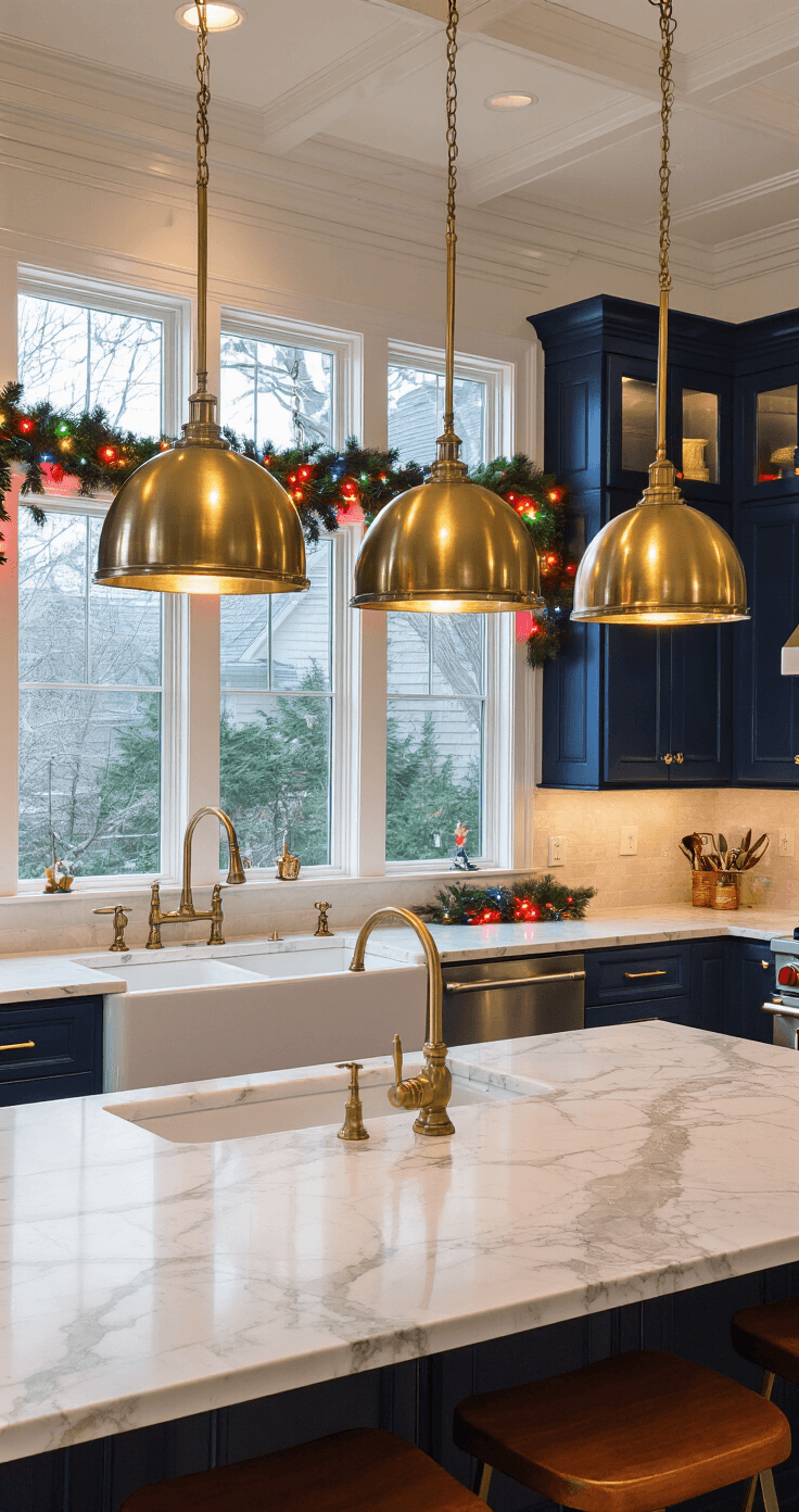 Colored Christmas Lights on Houses: Your Complete Guide to Creating a Stunning Outdoor Display A chef's perspective of a luxurious kitchen island with Calacatta gold marble, illuminated by oversized brass globe pendants. The scene features a farmhouse sink with a large picture window showcasing vibrant C9 multicolor Christmas lights, rich navy blue cabinetry, professional-grade stainless appliances, and festive pine garland adorned with mini lights. Warm wood bar stools and a polished brass faucet enhance the sophisticated evening ambiance.