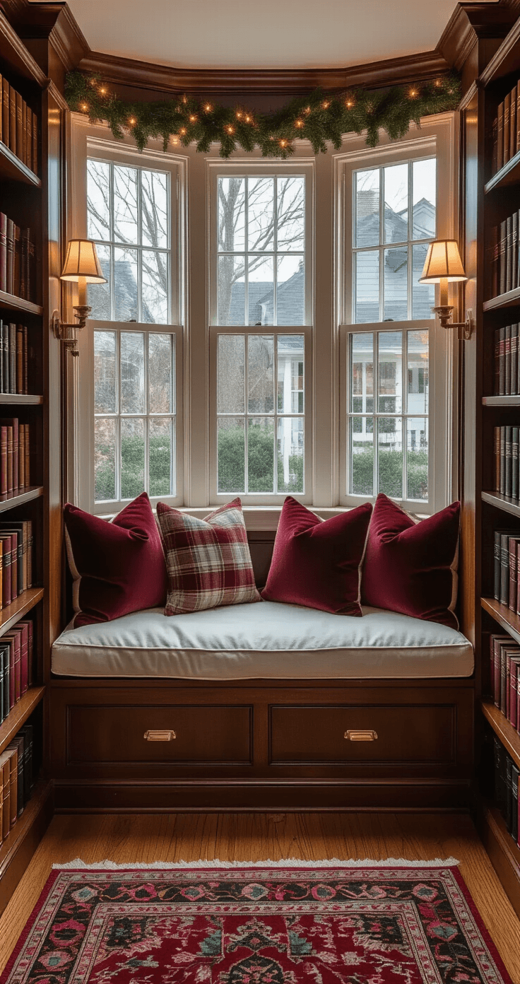 Colored Christmas Lights on Houses: Your Complete Guide to Creating a Stunning Outdoor Display Cozy reading nook at twilight with built-in window seat, thick ivory cushions, and burgundy velvet pillows facing large bay windows decorated with neighbors' Christmas lights; rich mahogany bookshelves filled with leather-bound books, a plaid wool throw, brass reading sconce, and a traditional Persian rug on oak floors, enhanced by fresh evergreen wreaths and multicolor lights, creating a warm and festive atmosphere.
