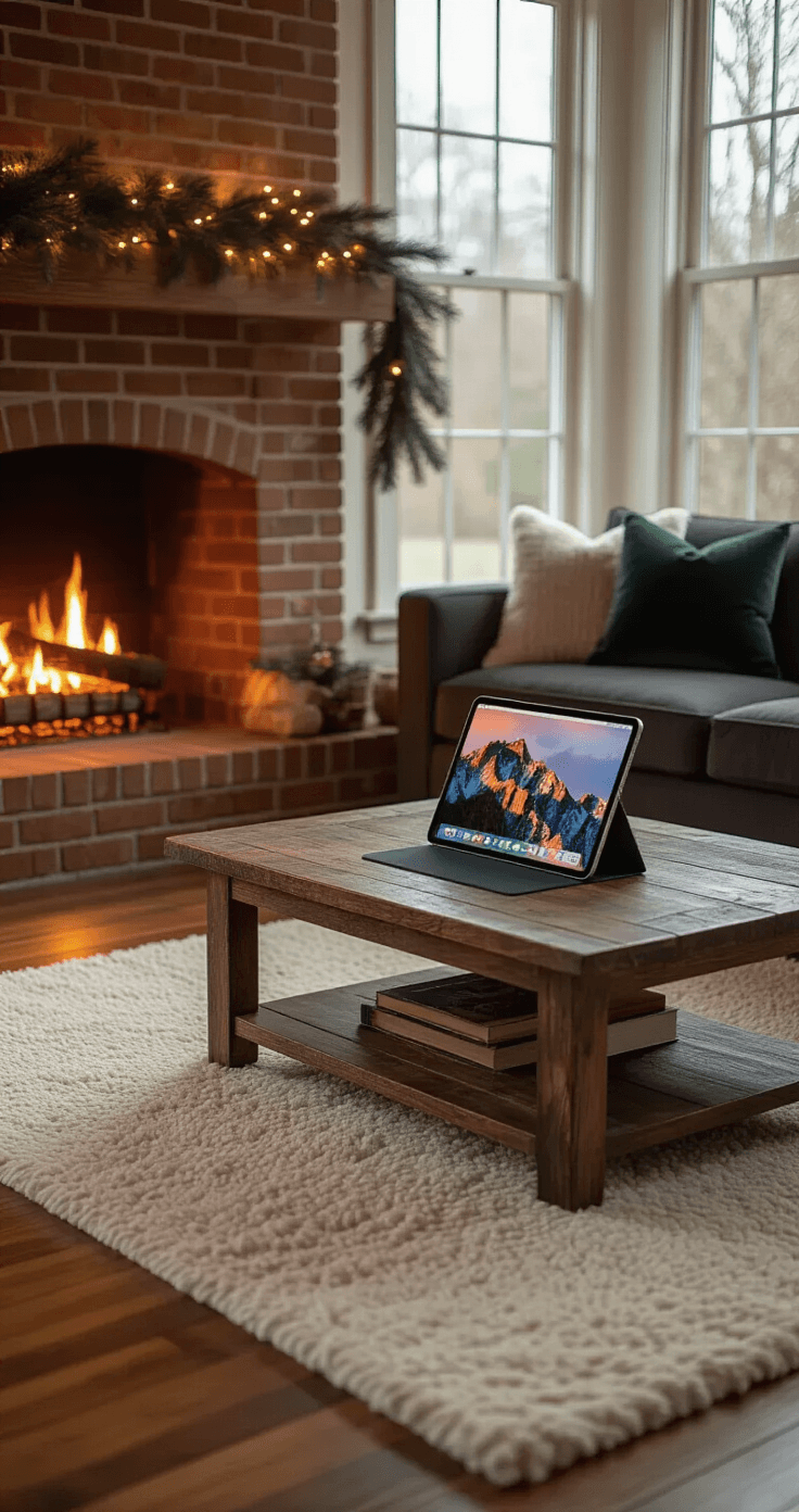 The Ultimate Guide to iPad Christmas Wallpapers That'll Make Your Screen Jolly AF Photorealistic interior scene of a cozy living room at golden hour, featuring a 12.9-inch iPad Pro with a vibrant Christmas wallpaper on a rustic wooden coffee table, surrounded by warm honey-oak hardwood floors, a cream wool area rug, a brick fireplace with crackling flames, deep forest green velvet throw pillows on a charcoal linen sectional sofa, and rich burgundy and gold Christmas ornaments in a vintage brass bowl.