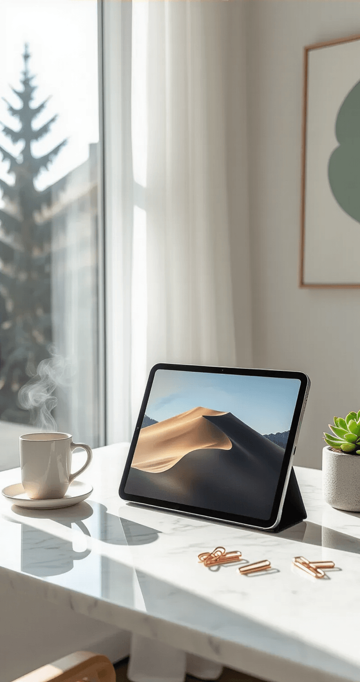 The Ultimate Guide to iPad Christmas Wallpapers That'll Make Your Screen Jolly AF Photorealistic workspace scene featuring an iPad Air on a white marble desk with a minimalist Christmas wallpaper, a ceramic coffee mug, rose gold paperclips, and a small succulent. The modern home office has floor-to-ceiling windows with sheer white curtains, natural light creating soft shadows, and abstract holiday art on the walls.
