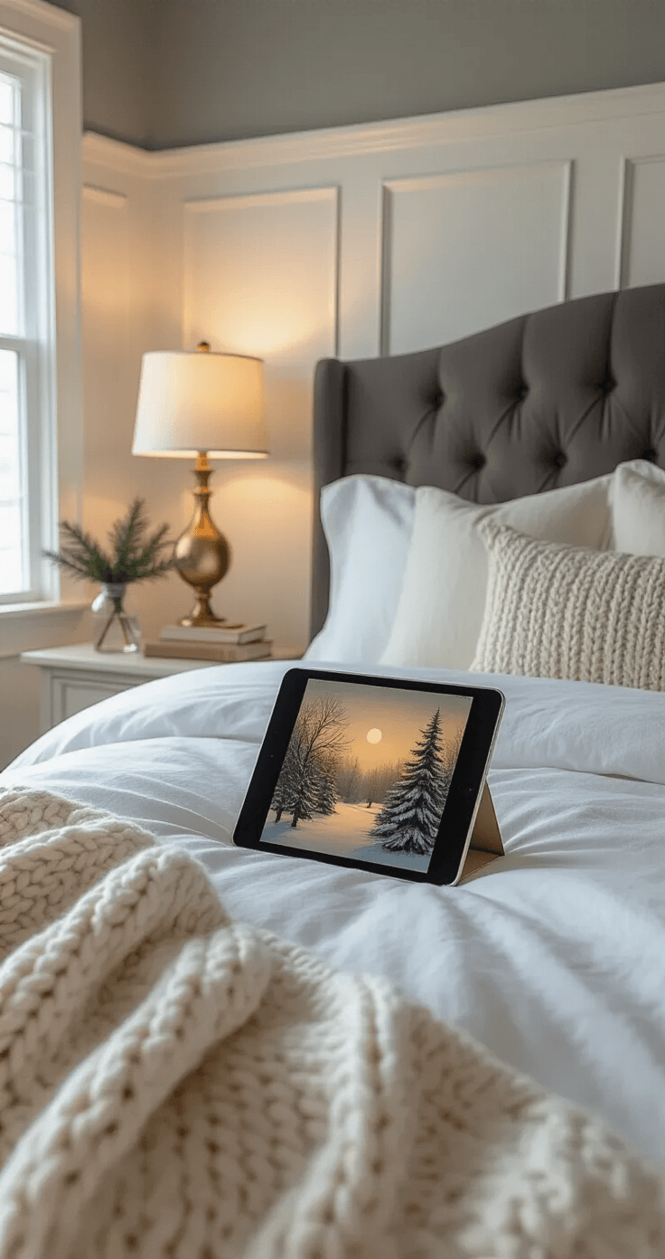 The Ultimate Guide to iPad Christmas Wallpapers That'll Make Your Screen Jolly AF Photorealistic bedroom at dusk with an iPad Mini on white linen bedding, vintage Christmas wallpaper displayed, dove gray walls, tufted charcoal headboard, warm amber light from brass table lamps, chunky knit throw at foot of bed, nightstand with pine branch and book, intimate atmosphere with soft layered lighting and gentle shadows.