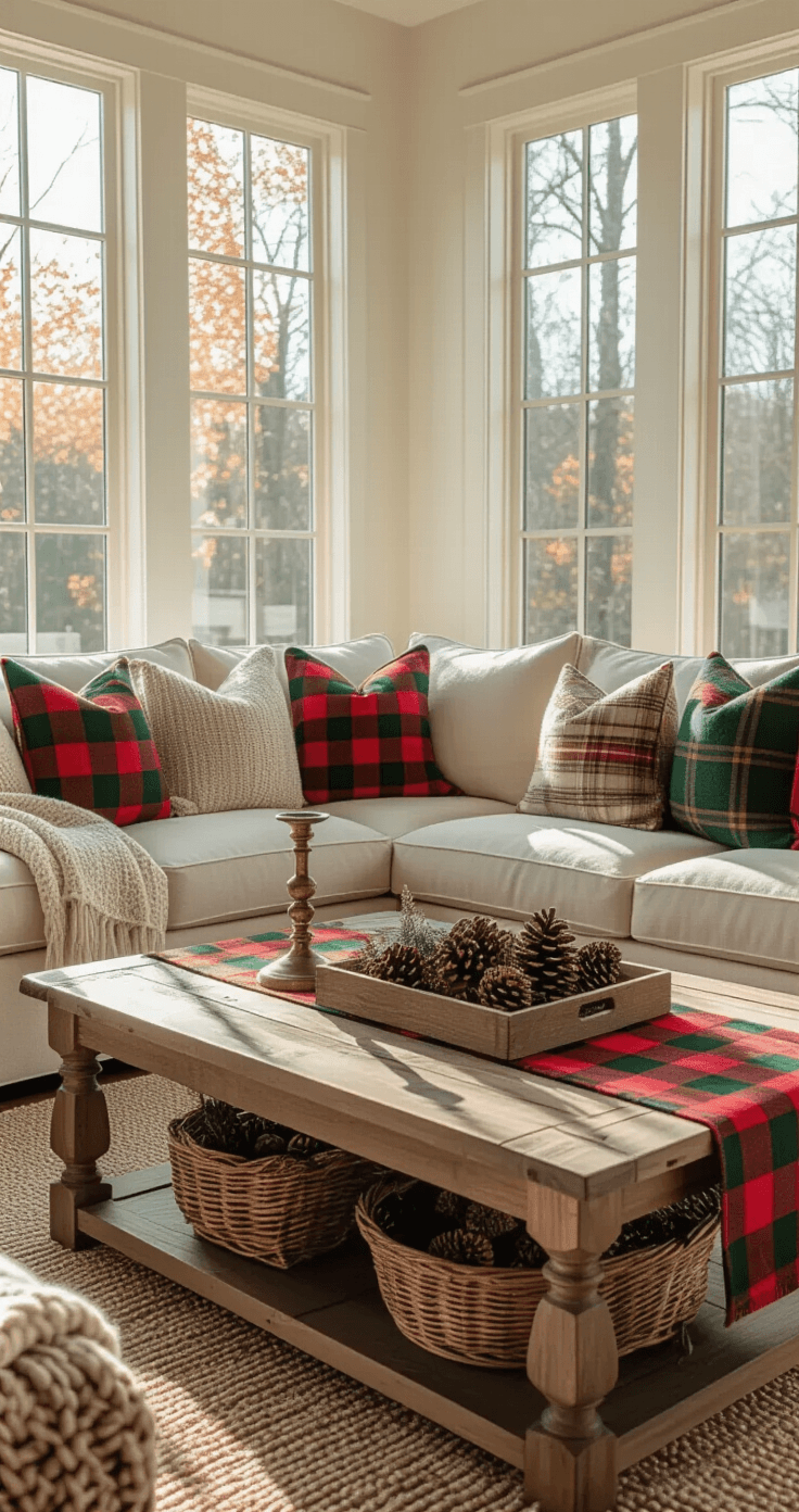 Christmas Plaid Background: Where to Find (and How to Use) the Perfect Festive Pattern A cozy living room interior featuring a cream linen sectional sofa with plaid throw pillows, a rustic coffee table adorned with a Christmas plaid table runner, and warm sunlight streaming through large windows, all set in a palette of cream, forest green, and cranberry red.