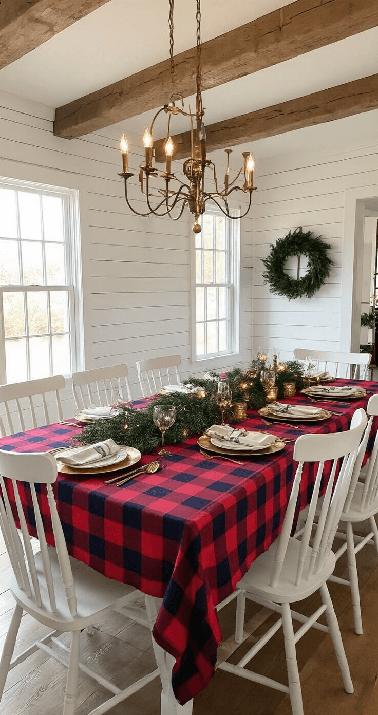 Christmas Plaid Background: Where to Find (and How to Use) the Perfect Festive Pattern Elegant dining room during golden hour with a long farmhouse table dressed in oversized red and navy plaid, seating eight Windsor chairs. The centerpiece features a greenery garland with buffalo check ribbon and string lights, against a backdrop of exposed wooden beams and white shiplap walls, illuminated by a vintage chandelier. The table is styled with brass charger plates, linen napkins, and mercury glass votives, creating a cozy atmosphere with classic red, navy blue, cream, and antique brass accents.
