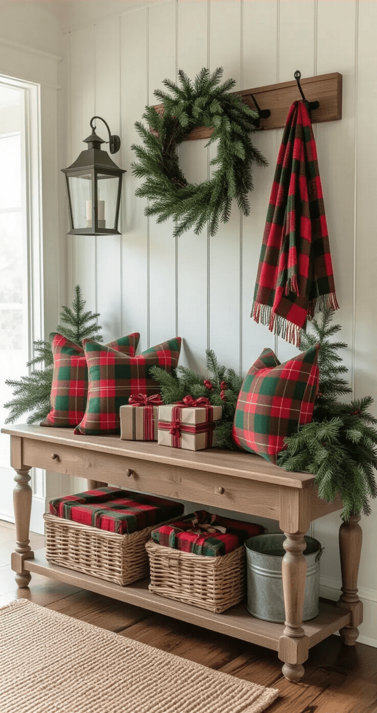 Christmas Plaid Background: Where to Find (and How to Use) the Perfect Festive Pattern A cozy entryway scene bathed in soft morning light, featuring a vintage wooden bench with Christmas plaid cushions, a rustic console table adorned with wrapped gift boxes and evergreen decorations, complemented by vintage lanterns, all against a backdrop of white beadboard wainscoting and distressed hardwood floors.