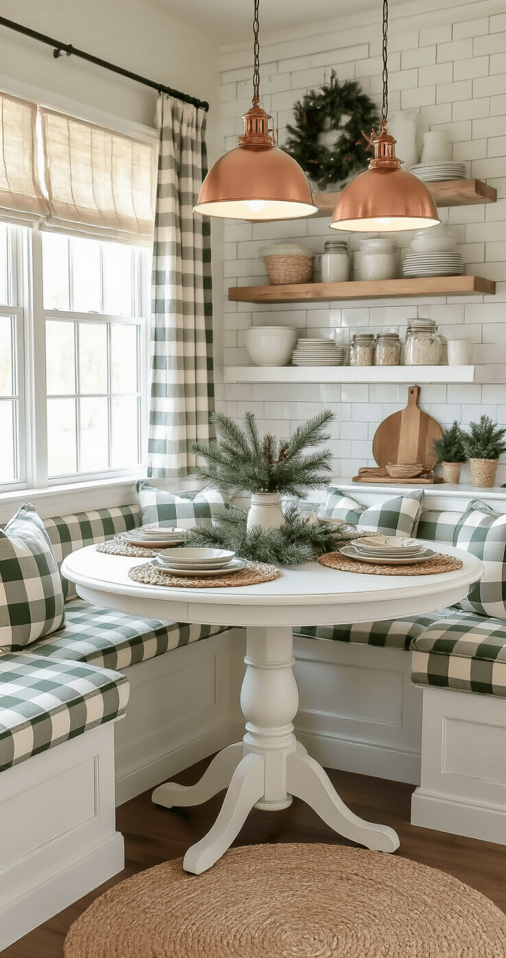 Christmas Plaid Background: Where to Find (and How to Use) the Perfect Festive Pattern A cozy kitchen breakfast nook in early evening, featuring a built-in banquette with plaid upholstery, a round pedestal table set with seasonal decor, and warm pendant lighting, all highlighted by a soothing color palette of sage green, cream, and weathered white.