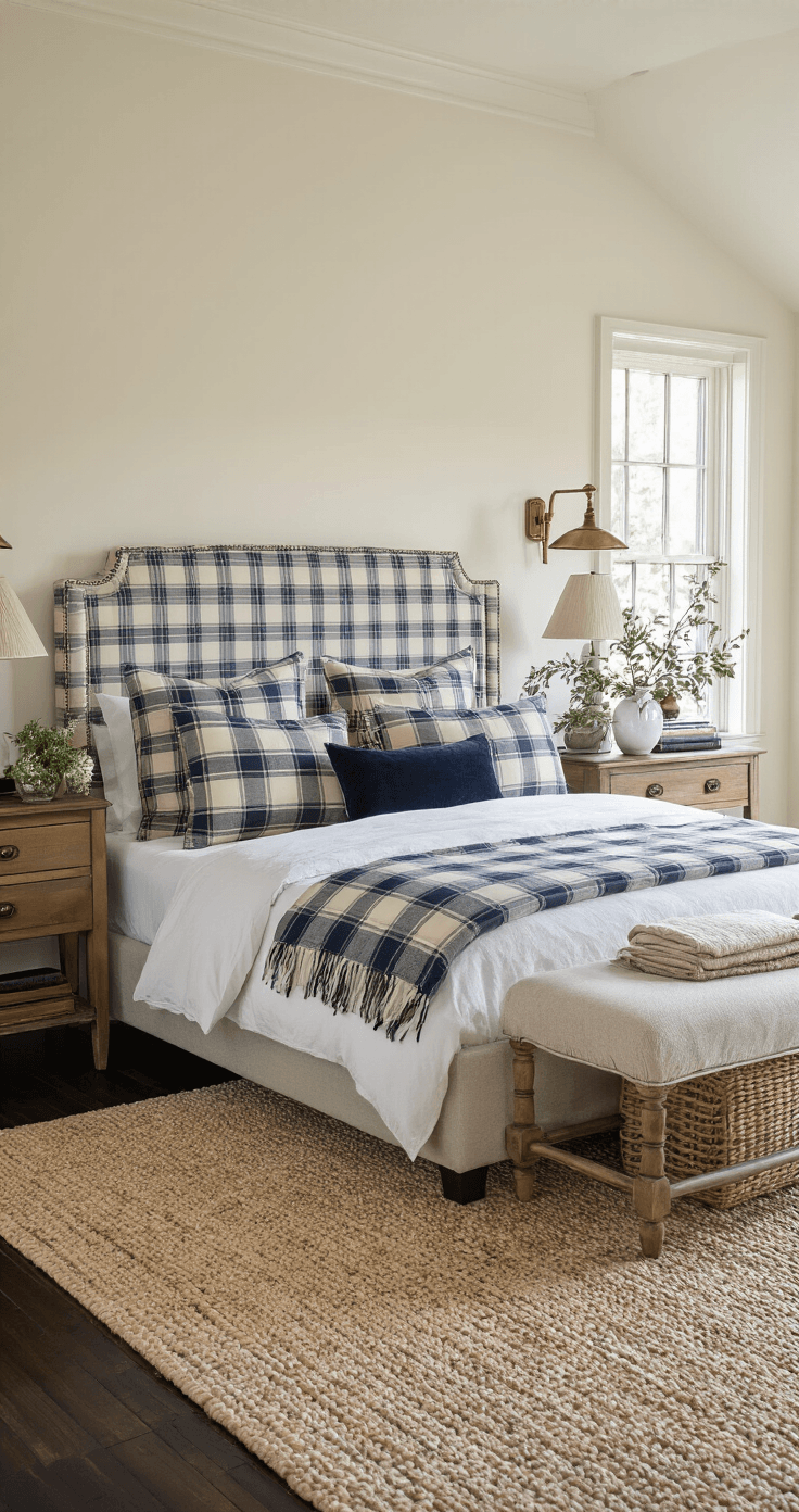 Christmas Plaid Background: Where to Find (and How to Use) the Perfect Festive Pattern A sophisticated master bedroom with a king size bed in soft morning light, featuring a plaid upholstered headboard, white linen duvet, and a mix of patterned pillows. The room has dark hardwood floors, cream walls, and antique brass fixtures, complemented by bedside tables with plaid lamp shades and fresh greenery in ceramic vases. Textures include a velvet accent pillow, chunky knit throw, and a natural fiber rug, with a color palette of navy blue, cream, warm brass, and natural wood tones.