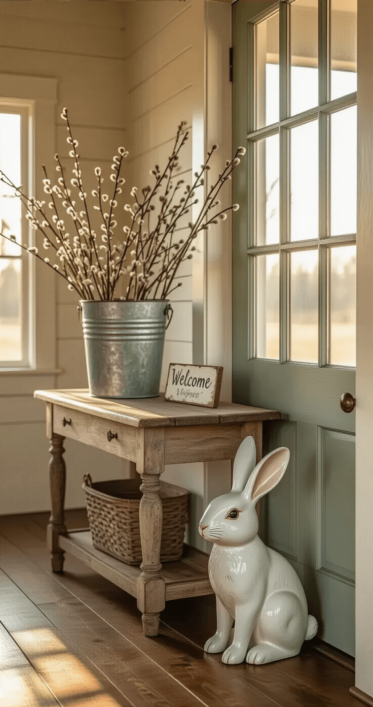 Primitive Easter Decor: Your Complete Guide to Creating a Rustic Spring Haven Photorealistic entryway of a cozy farmhouse at golden hour, featuring a vintage glass door, a weathered wooden console table with a galvanized bucket of pussy willow branches, a distressed white bunny figurine, and a hand-painted welcome sign against shiplap walls, all illuminated by warm, natural sunlight.