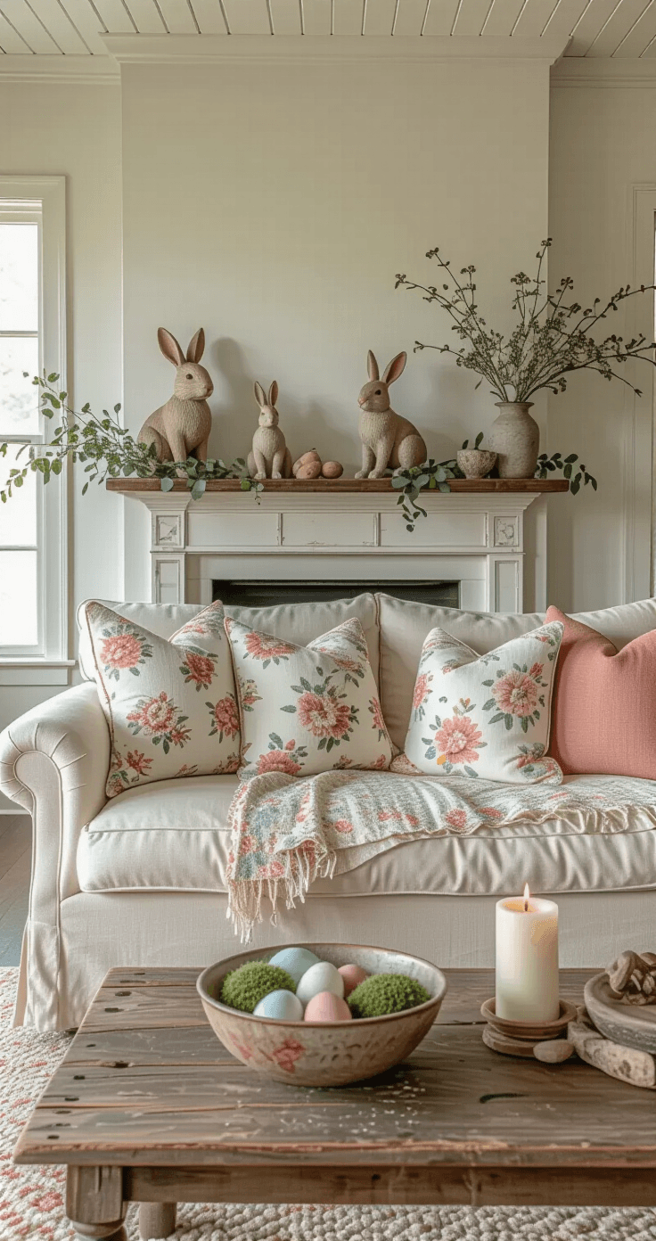 Primitive Easter Decor: Your Complete Guide to Creating a Rustic Spring Haven Photorealistic living room during golden hour, showcasing a cream linen sofa adorned with faded floral pillows, a vintage quilt, rustic mantel with bunny figurines, a coffee table with fabric and wooden eggs, and soft candlelight, all under soft natural lighting and exposed beams.