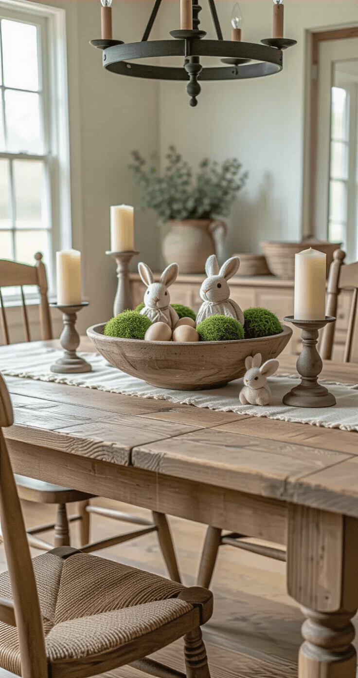 Primitive Easter Decor: Your Complete Guide to Creating a Rustic Spring Haven Photorealistic dining room vignette featuring a reclaimed wood farmhouse table with a primitive centerpiece of a weathered dough bowl filled with sage and cream wooden eggs, small fabric bunnies, and natural moss, complemented by cream beeswax pillar candles, mismatched vintage chairs, a burlap table runner, and a wrought iron chandelier, all illuminated by soft late afternoon light.