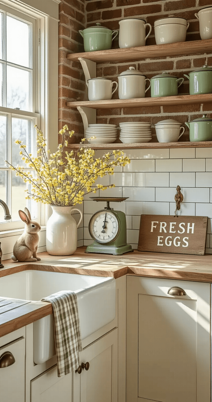 Primitive Easter Decor: Your Complete Guide to Creating a Rustic Spring Haven A photorealistic farmhouse kitchen corner bathed in morning light, featuring vintage enamelware on open shelves, a distressed wooden bunny and scale on butcher-block countertops, faded gingham dish towels on brass hooks, a 'Fresh Eggs' sign against a subway tile backsplash, and exposed brick walls, with natural light streaming through a vintage window.