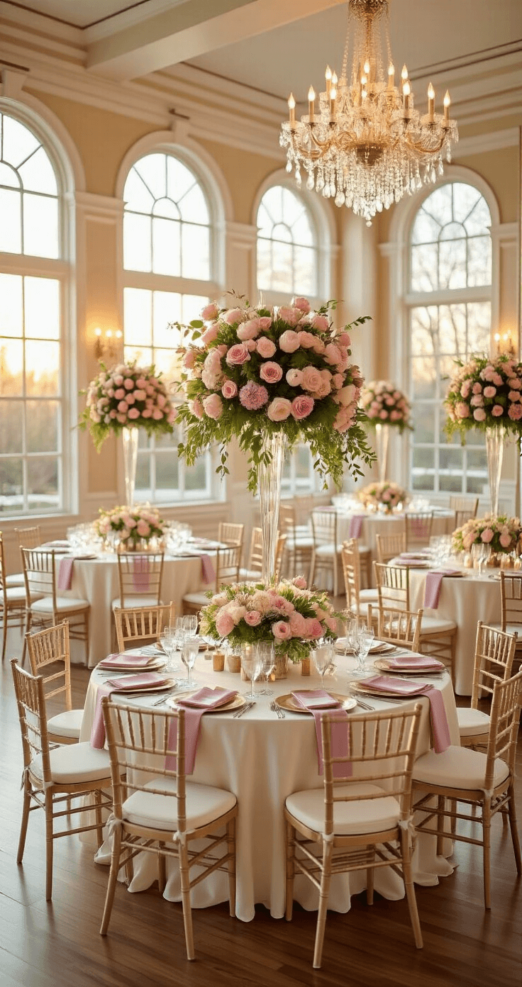 Spring Wedding Decor That'll Make Your Guests Actually Want to Stay Past Dinner A luxurious spring wedding reception interior featuring floral centerpieces of blush pink tulips and ranunculus on marble-topped tables, surrounded by elegant decor and warm sunset light streaming through floor-to-ceiling windows.