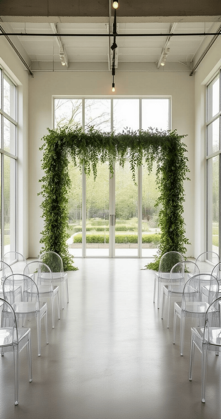 Spring Wedding Decor That'll Make Your Guests Actually Want to Stay Past Dinner A modern minimalist ceremony space featuring clean lines, white walls, and concrete floors, with a geometric metal arch draped in ferns and olive branches. The venue is filled with natural light, showcasing rows of white ghost chairs, eucalyptus stems, and hanging glass terrariums, all set against a garden courtyard view.