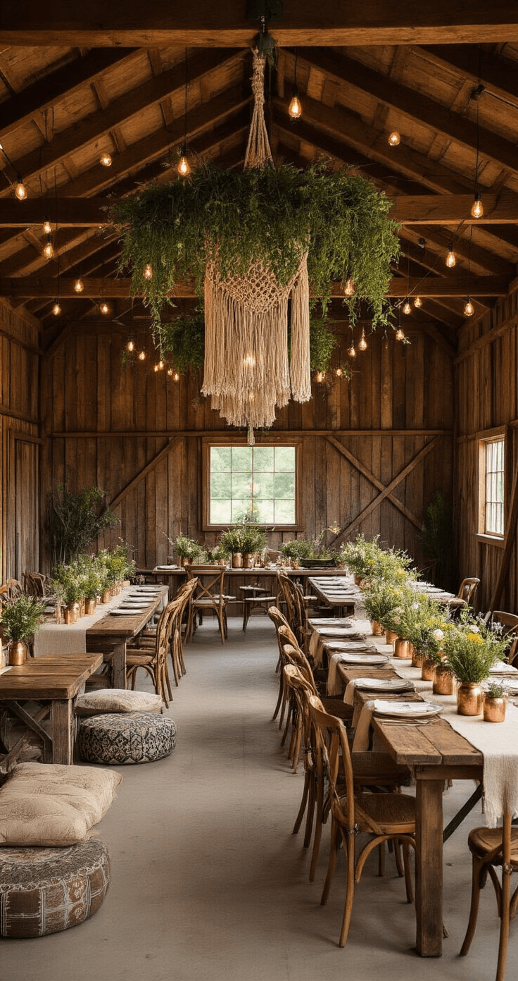 Spring Wedding Decor That'll Make Your Guests Actually Want to Stay Past Dinner A bohemian garden party reception setup in a rustic barn, featuring eclectic decorations, mismatched vintage tables, and warm Edison bulb string lights, creating a free-spirited atmosphere.