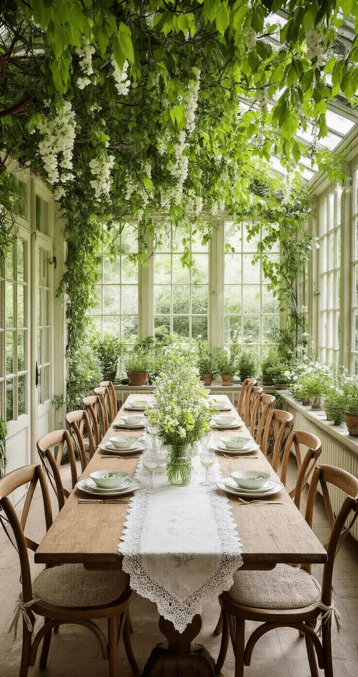 Spring Wedding Decor That'll Make Your Guests Actually Want to Stay Past Dinner A whimsical cottagecore dining room in a conservatory with glass walls, featuring a long farm table set for forty, adorned with vintage lace, mason jar centerpieces of sweet peas and daffodils, mismatched antique china, and handwritten menu cards. Afternoon sunlight filters through climbing wisteria, casting dappled patterns on the oak table, with brass candlesticks and scattered petals enhancing the romantic atmosphere.