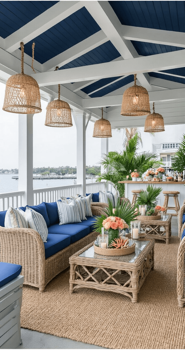 Spring Wedding Decor That'll Make Your Guests Actually Want to Stay Past Dinner A sophisticated nautical spring cocktail hour setup in a waterfront pavilion with whitewashed wooden walls, navy ceiling, rattan furniture, coral reef centerpieces, and tropical greenery, illuminated by hanging rope pendant lights, capturing golden hour reflections off the harbor through panoramic windows.