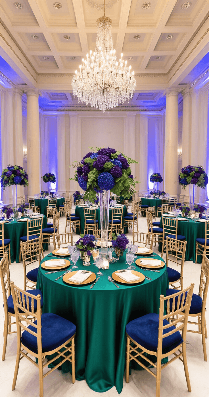 Spring Wedding Decor That'll Make Your Guests Actually Want to Stay Past Dinner A grand ballroom adorned in emerald and sapphire tones, featuring coffered ceilings, crystal chandeliers, and cream marble columns. Fifteen round tables draped in emerald silk, topped with tall floral arrangements of purple hydrangeas and navy delphiniums. Gold chiavari chairs and charger plates enhance the elegance, with sapphire uplighting creating a rich ambiance against ivory walls. Flowing navy panels frame entrances, complemented by cascading greenery, captured from a balcony level at a slight downward angle.