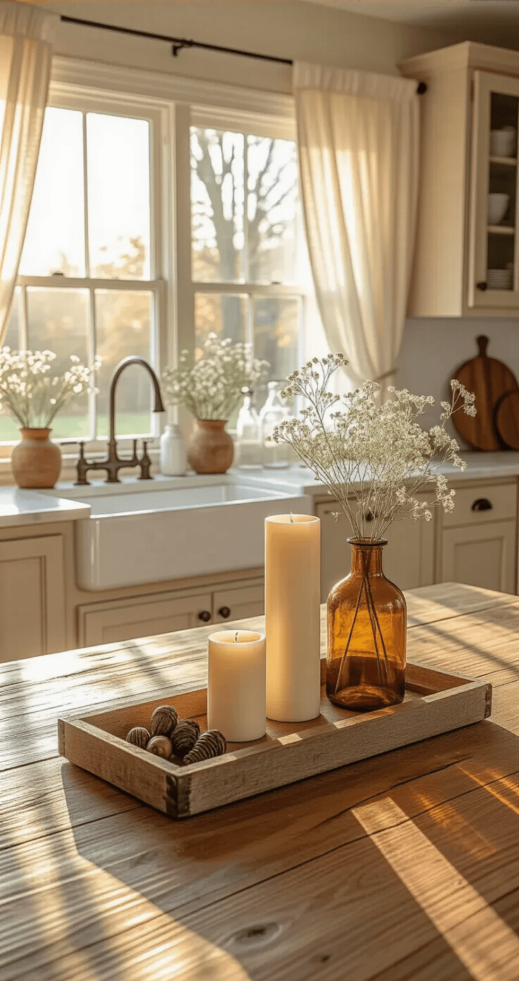How to Bring Wildflower Magic Into Your Home (Without Killing Everything You Touch) A sunlit kitchen with honey oak cabinets features a rustic wooden dining table adorned with ivory candles, amber bud vases of dried flowers, and scattered natural elements, while mason jars of eucalyptus line the windowsill above a farmhouse sink, all captured in soft, warm morning light.