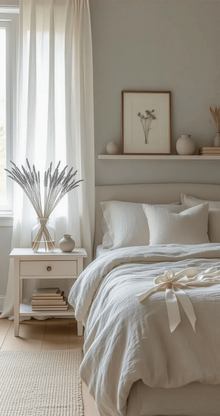 How to Bring Wildflower Magic Into Your Home (Without Killing Everything You Touch) A serene bedroom sanctuary with pale gray walls, white oak floors, and a linen-upholstered bed, featuring dried lavender in a glass vase, minimalist decor, and soft afternoon light filtering through gauze curtains.