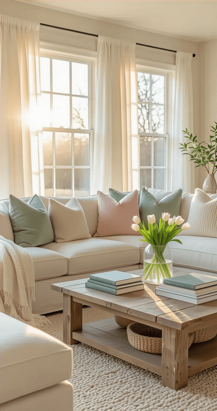 Spring Room Decor That Actually Looks Good (No Easter Bunny Overload Required) A wide shot of a bright living room at golden hour, featuring a cream sectional sofa with colorful throw pillows, a reclaimed wood coffee table displaying books and flowers, and a jute area rug, all bathed in soft sunlight from west-facing windows.