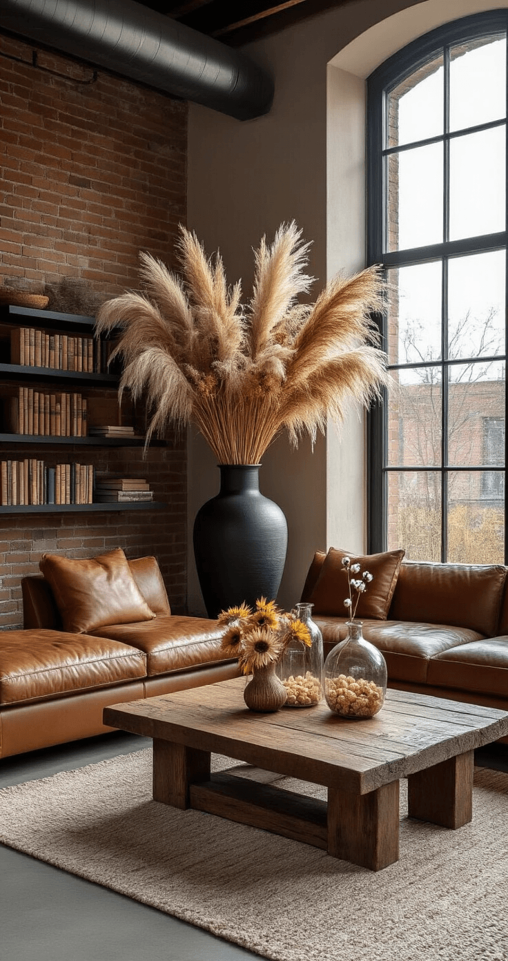 How to Bring Wildflower Magic Into Your Home (Without Killing Everything You Touch) A contemporary living room featuring exposed brick walls, polished concrete floors, and a dramatic corner arrangement with a tall ceramic vase of pampas grass and dried flowers. A cognac brown leather sectional faces a reclaimed wood coffee table styled with vintage glass vessels. Built-in shelves display books and wildflower arrangements. The warm color palette and dramatic lighting create a sophisticated, organic atmosphere.