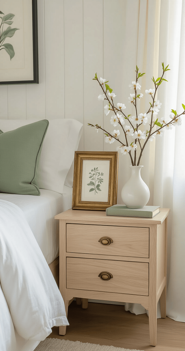 Spring Room Decor That Actually Looks Good (No Easter Bunny Overload Required) A styled nightstand in a softly lit bedroom, featuring a vintage brass picture frame with a botanical print, a small white ceramic vase with faux cherry blossoms, and a linen-bound journal with a sage green ribbon, all set against white linen bedding and sheer curtains.