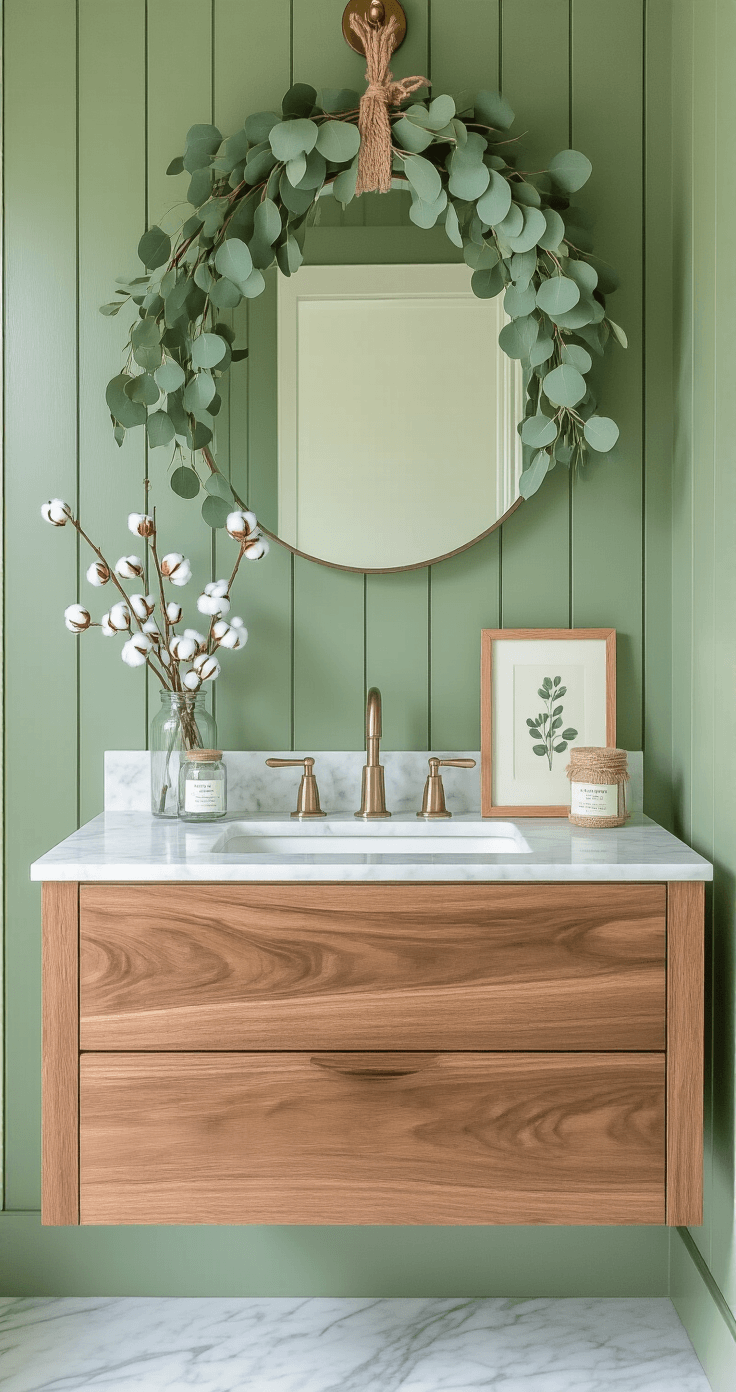 How to Bring Wildflower Magic Into Your Home (Without Killing Everything You Touch) A compact powder room with sage green shiplap walls features a natural walnut floating vanity under a round mirror, adorned with a eucalyptus bundle. A marble countertop holds an apothecary jar with cotton stems and a pressed botanical print in acrylic. Tiny bud vases with dried lavender decorate a narrow shelf, while steam hints at a recent shower, all bathed in bright midday light.