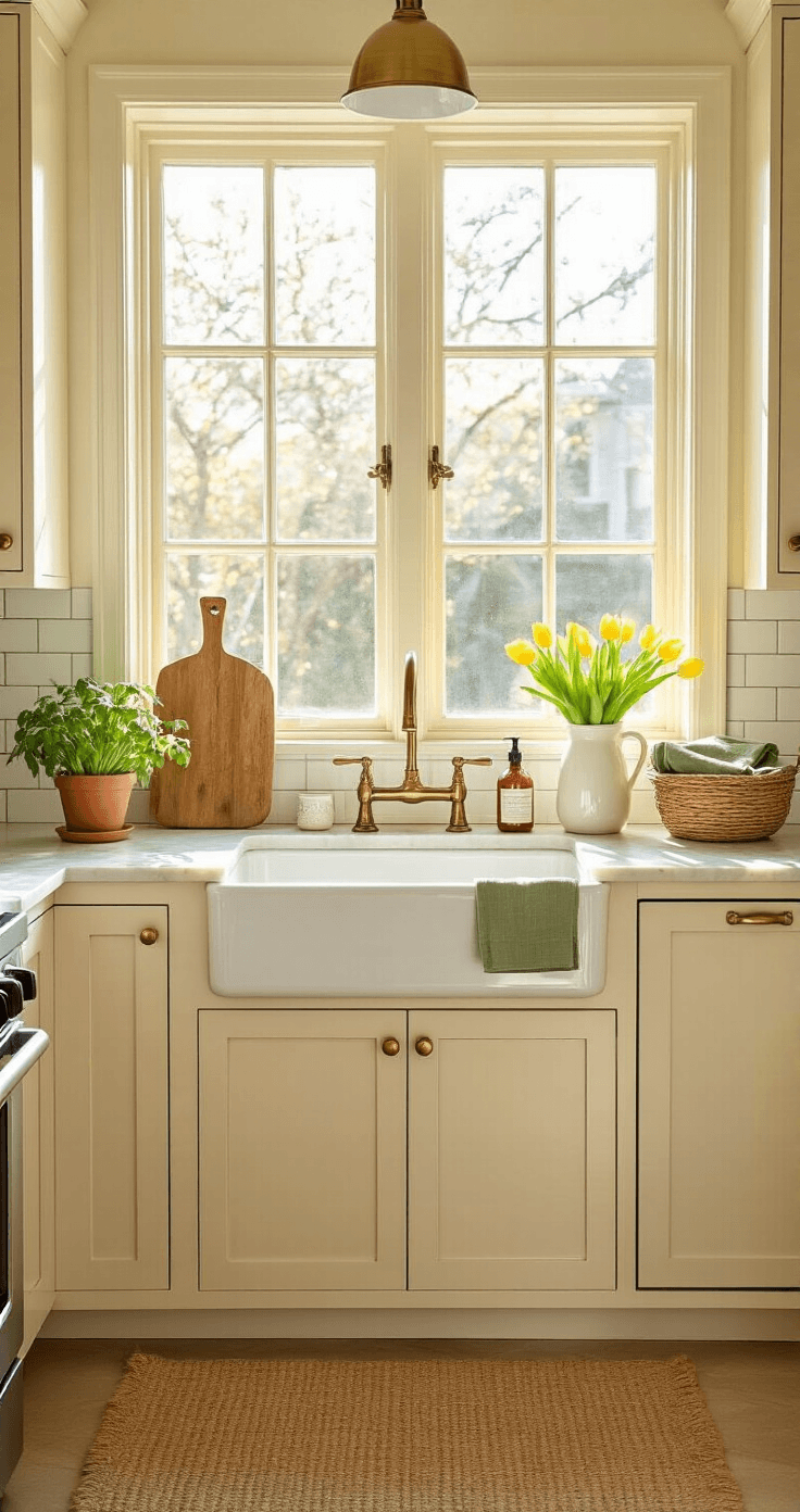 Spring Kitchen Decor That'll Make You Want to Cook Again (Or At Least Pretend To) A bright galley kitchen with cream-colored cabinets and brass hardware, showcasing a rustic cutting board, a vase of yellow tulips, and a sage green linen basket. The sink area features a basil pot and amber dish soap, with a jute rug on hardwood flooring and natural linen curtains, all bathed in golden morning sunlight.