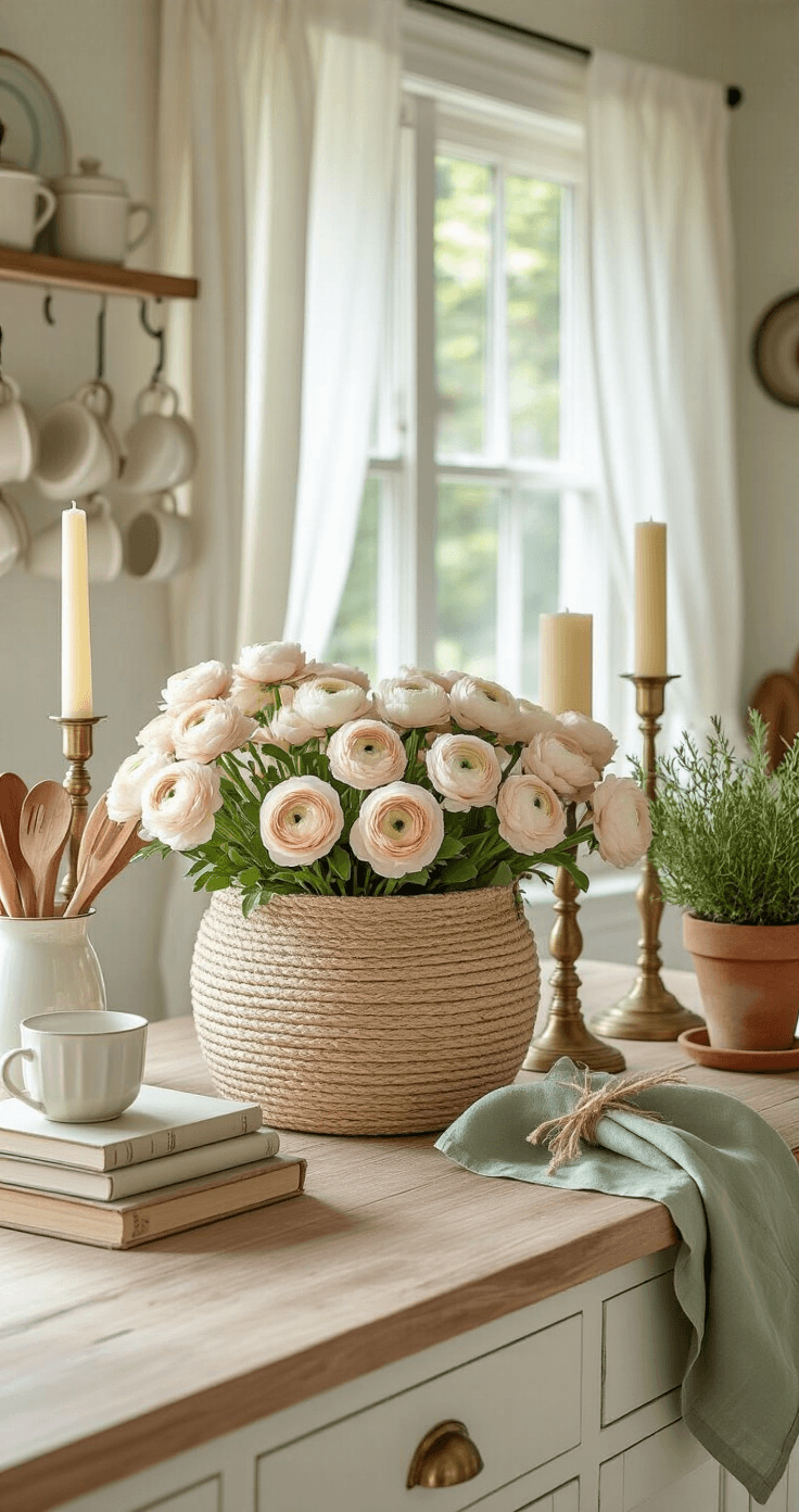 Spring Kitchen Decor That'll Make You Want to Cook Again (Or At Least Pretend To) A charming cottage-style kitchen island adorned for spring, featuring a large woven seagrass basket with blush pink and cream ranunculus, vintage brass candlesticks with cream candles, weathered cookbooks, and a terra cotta pot of rosemary, all bathed in golden hour light.