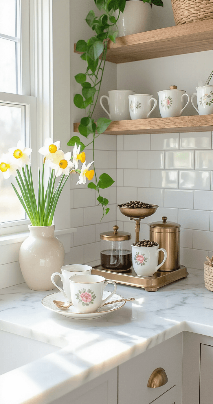 Spring Kitchen Decor That'll Make You Want to Cook Again (Or At Least Pretend To) Elegant spring coffee bar corner with warm white marble countertops, brass and glass coffee station, vintage scale, ceramic mugs on shelves, daffodils in a vase, and a pothos plant, illuminated by morning light.