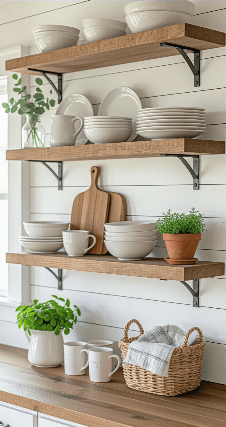 Spring Kitchen Decor That'll Make You Want to Cook Again (Or At Least Pretend To) A bright farmhouse-style kitchen with open floating wooden shelves displaying cream and white dishes, vintage cutting boards, and spring vignettes, illuminated by midday natural light, featuring a curated arrangement of white ceramics, stacked bowls, a terra cotta pot of mint, and decorative textiles.