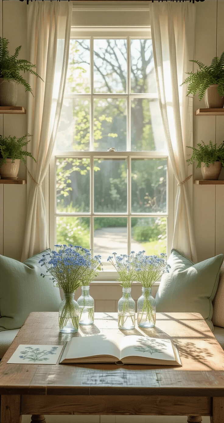 Forget-Me-Not Flowers: The Ultimate Guide to Growing and Styling Nature's Most Romantic Blooms A sunlit breakfast nook with large windows overlooking a garden pathway lined with blue forget-me-nots, featuring a weathered oak table adorned with vintage glass bottles, pressed flower cards, and a garden journal, set against cream shiplap walls and a sage green window seat, creating a serene and nostalgic atmosphere.