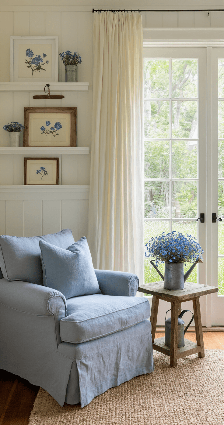 Forget-Me-Not Flowers: The Ultimate Guide to Growing and Styling Nature's Most Romantic Blooms A cozy reading corner with a dusty blue linen armchair and a reclaimed wood side table, featuring a vintage watering can vase filled with forget-me-nots, beside French doors leading to a memorial garden. The warm white walls and wainscoting complement the hardwood floors partially adorned with a jute rug, while floating shelves display pressed flower artwork. Soft, dappled light filters through gossamer curtains, creating an inviting atmosphere.