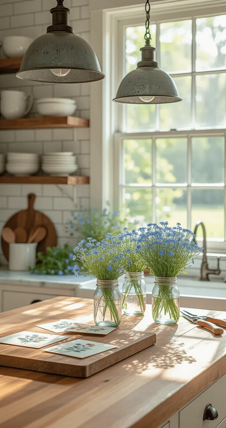 Forget-Me-Not Flowers: The Ultimate Guide to Growing and Styling Nature's Most Romantic Blooms A cozy farmhouse kitchen island with weathered butcher block, adorned with mason jars of forget-me-nots, handmade pressed flower cards, and vintage garden tools. The bright space features a white subway tile backsplash, open shelving with ironstone dishes, and a large window framing a shade garden of blue forget-me-nots under maple trees, illuminated by morning sunlight and pendant lights with galvanized metal shades.