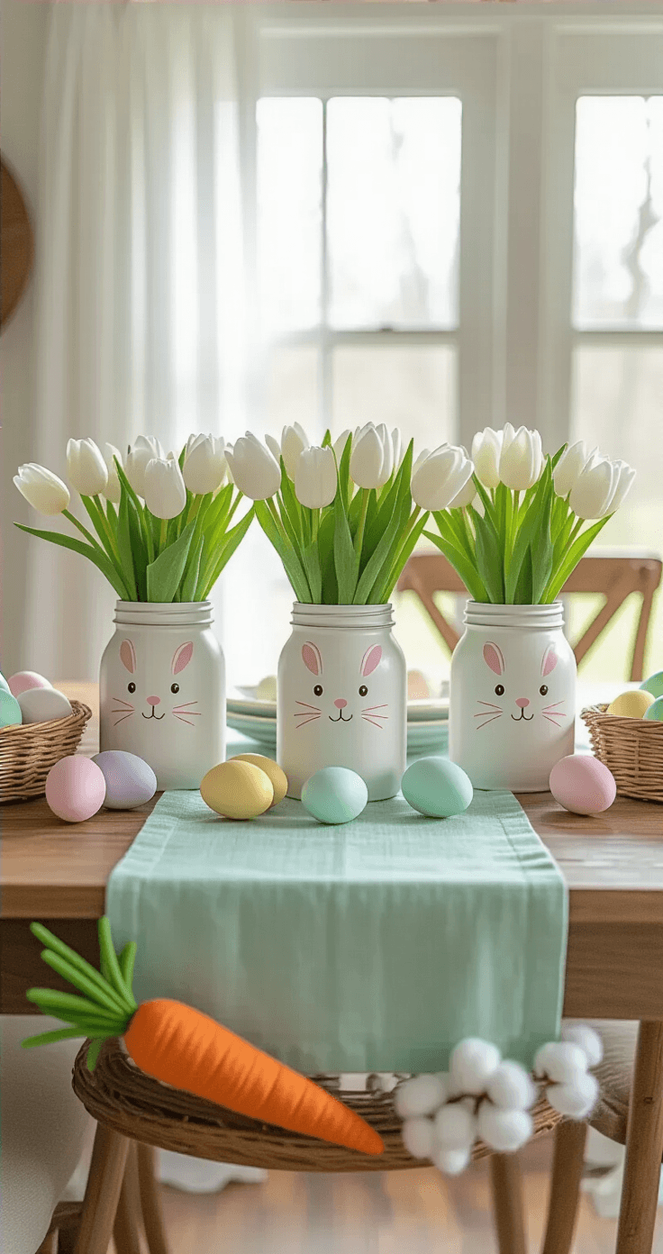 DIY Easter Decor That'll Make Your Home Instagram-Worthy (Without Breaking the Bank) A bright dining room with a rustic wooden table set for Easter, featuring mint green linens, bunny-painted mason jars with tulips, pastel hand-painted eggs, a felt carrot garland, white farmhouse chairs, and vintage botanical prints in the background, all illuminated by golden hour light.
