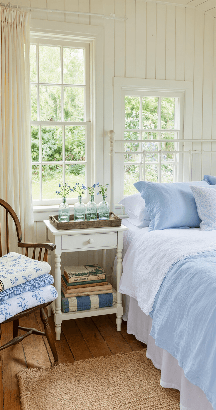 Forget-Me-Not Flowers: The Ultimate Guide to Growing and Styling Nature's Most Romantic Blooms A vintage-inspired bedroom with a white iron bed, soft blue linens, and a bedside table adorned with vintage bottles and gardening books, featuring a view of a cottage garden filled with forget-me-nots through a large window, all bathed in soft morning light.