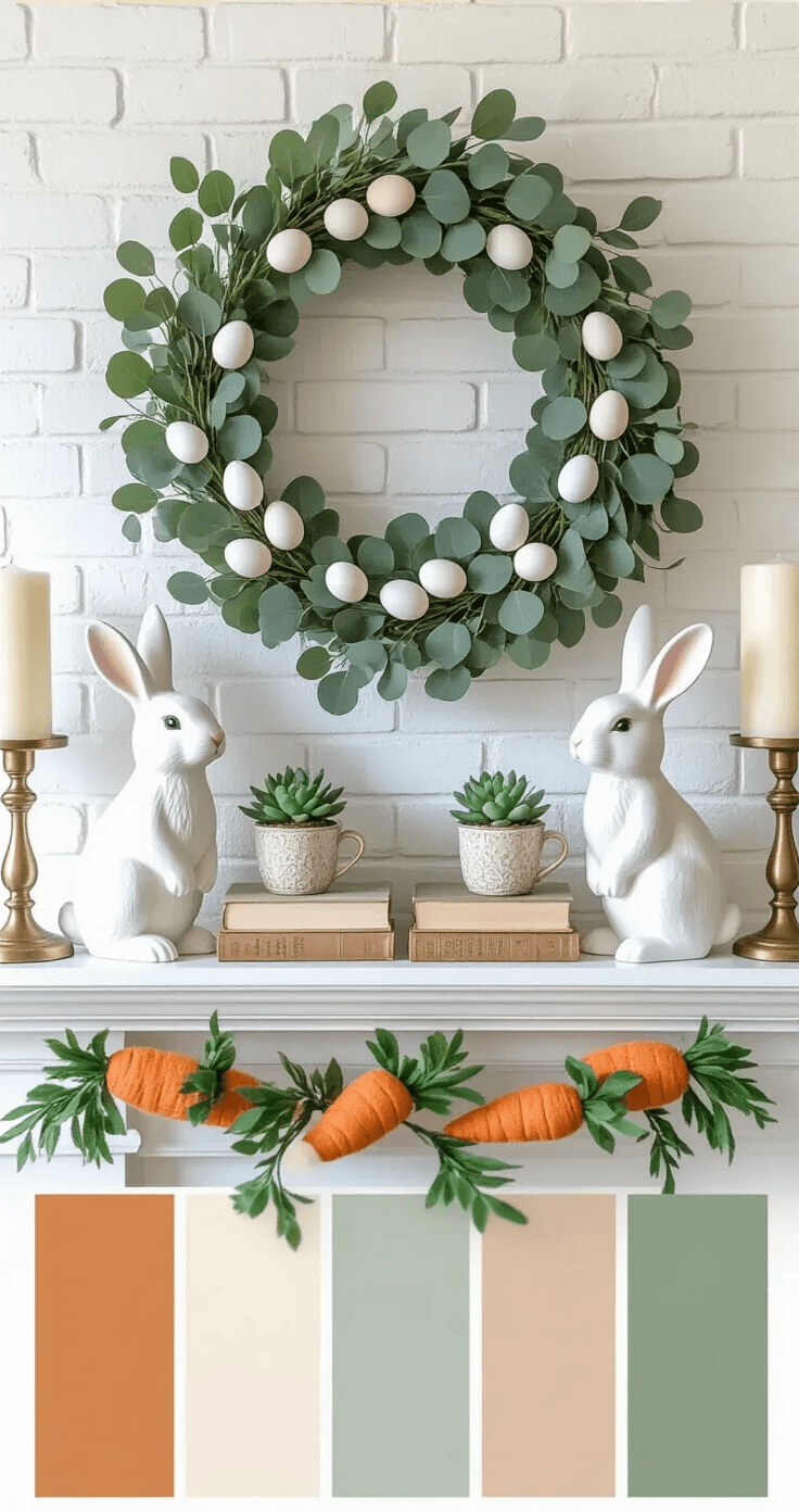 DIY Easter Decor That'll Make Your Home Instagram-Worthy (Without Breaking the Bank) A charming Easter-themed mantel styled with a fresh eucalyptus wreath, white bunny figurines, mason jar planters with succulents, and ivory candles, set against a white brick fireplace. A neutral linen sofa with mint green pillows is visible in soft morning light.