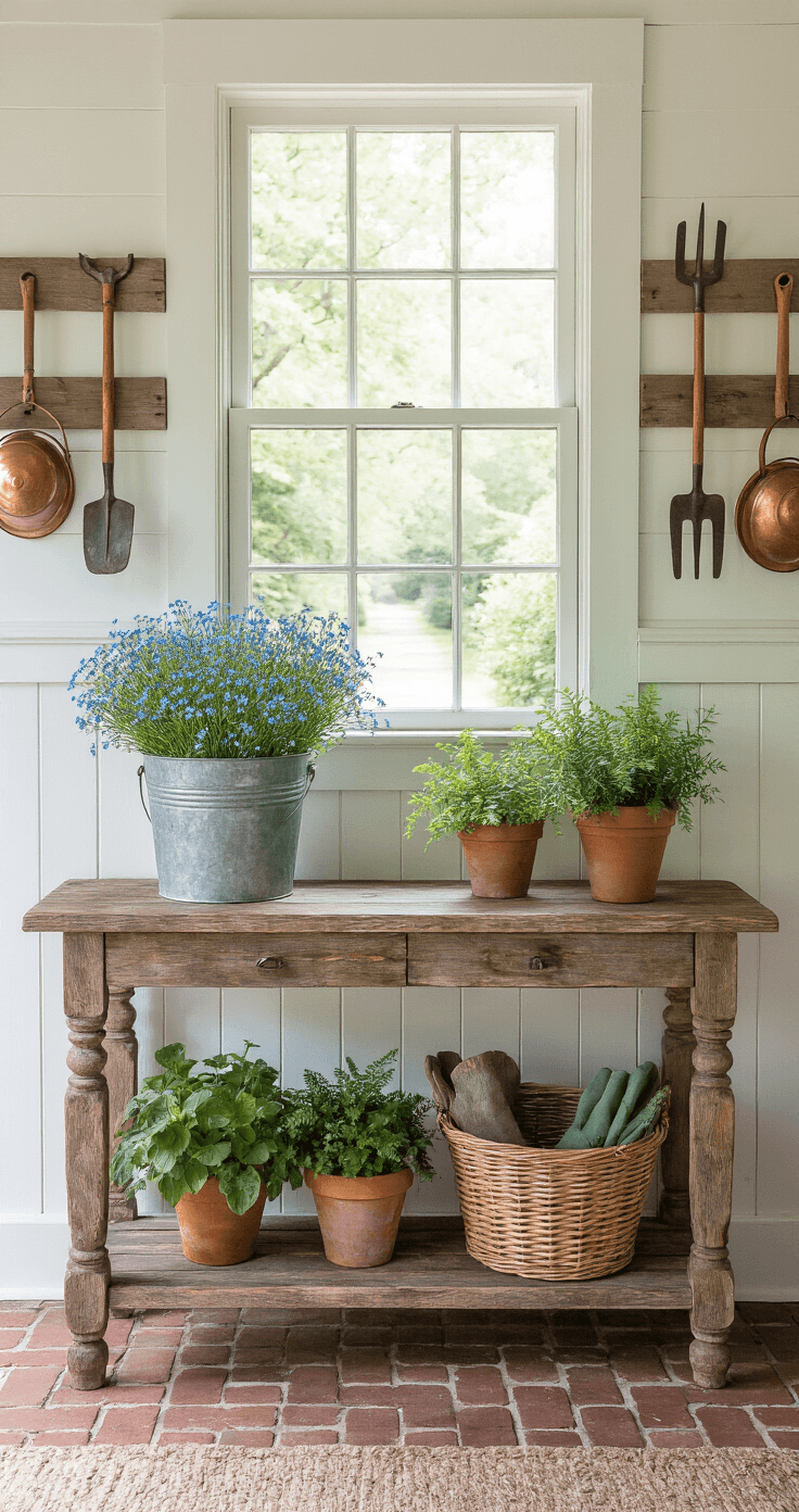 Forget-Me-Not Flowers: The Ultimate Guide to Growing and Styling Nature's Most Romantic Blooms A rustic entryway with a reclaimed wood console table, galvanized bucket of forget-me-nots, vintage garden tools on shiplap walls, terra cotta pots with hostas and ferns, brick floor, white beadboard wainscoting, and a large window revealing a blue forget-me-not bordered pathway, featuring a weathered wooden bench with gardening supplies and copper watering cans.