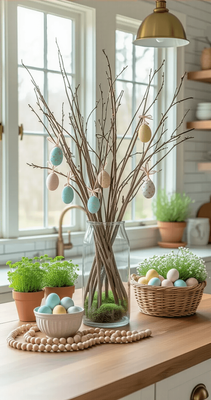 DIY Easter Decor That'll Make Your Home Instagram-Worthy (Without Breaking the Bank) A cozy kitchen island vignette featuring a tall glass vase with curly willow branches adorned with pastel-decorated eggs, surrounded by eggshell planters with moss and flowers, a basket of naturally dyed eggs, and wooden bead garlands, all under warm brass pendant lights.