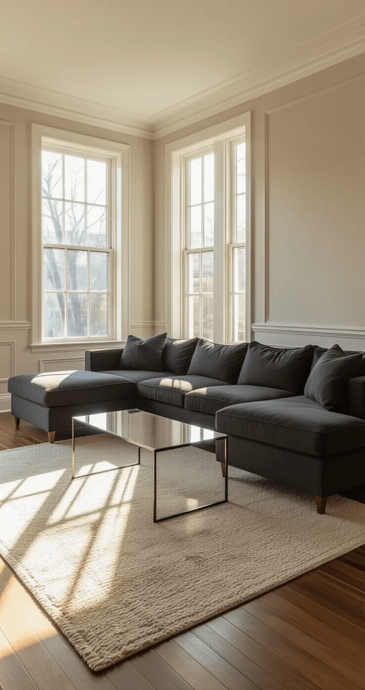 Why Your Living Room Still Feels Like a Waiting Room (And How I Fixed Mine in One Weekend) Interior view of a modern living room with poor furniture arrangement; a dark charcoal sectional sofa placed against cream walls, leaving half the seating facing empty space, with a distant glass coffee table and a partially positioned beige area rug, bathed in mid-afternoon golden sunlight.