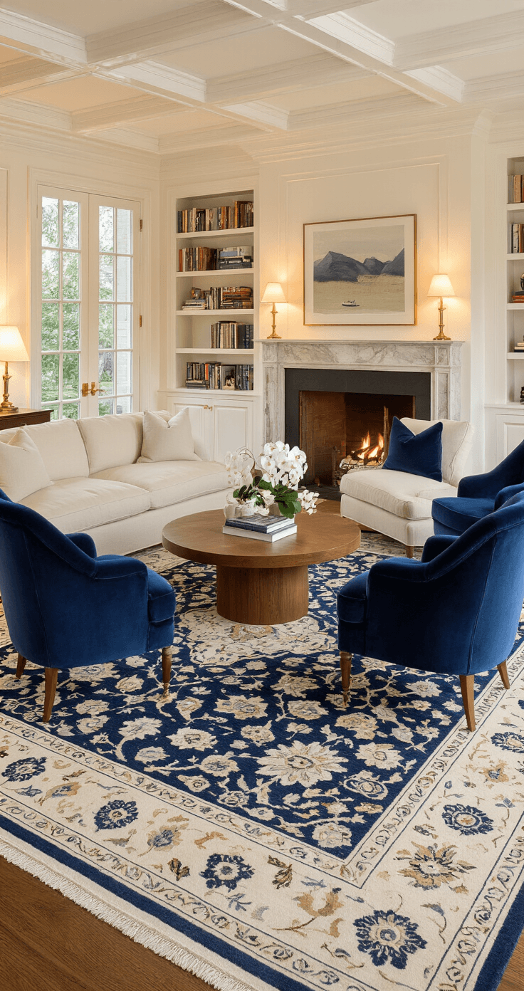 Why Your Living Room Still Feels Like a Waiting Room (And How I Fixed Mine in One Weekend) Interior photograph of a cozy conversation circle in a spacious living room, featuring a cream linen sofa and navy blue velvet accent chairs, warm ambient lighting, and a round oak coffee table, with a marble fireplace as the focal point.