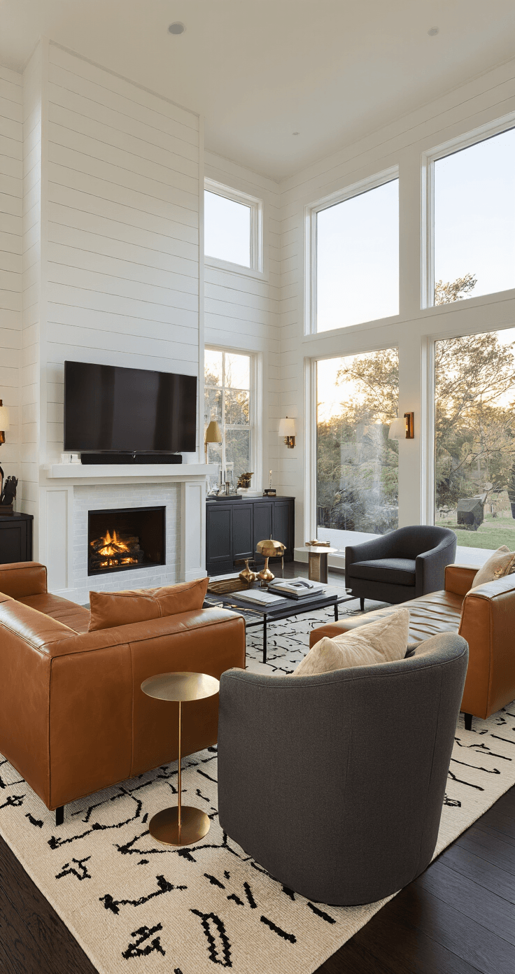 Why Your Living Room Still Feels Like a Waiting Room (And How I Fixed Mine in One Weekend) Modern living room at golden hour featuring a cognac leather sectional, charcoal swivel chairs, and a black console table with brass lamps, surrounded by natural light from floor-to-ceiling windows. Geometric rugs define conversation and media zones in a stylish 20x14 foot space.