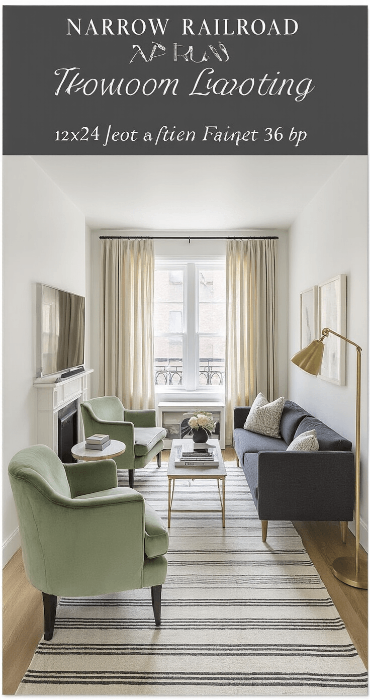 Why Your Living Room Still Feels Like a Waiting Room (And How I Fixed Mine in One Weekend) A narrow railroad apartment living room transformed with afternoon light filtering through sheer curtains, featuring distinct furniture sections, a charcoal gray sofa facing the center, two sage green velvet chairs for conversation, a clear walkway, a reading nook with a brass floor lamp, light oak floors, and a cream and gray striped rug, all against white walls with black window trim.