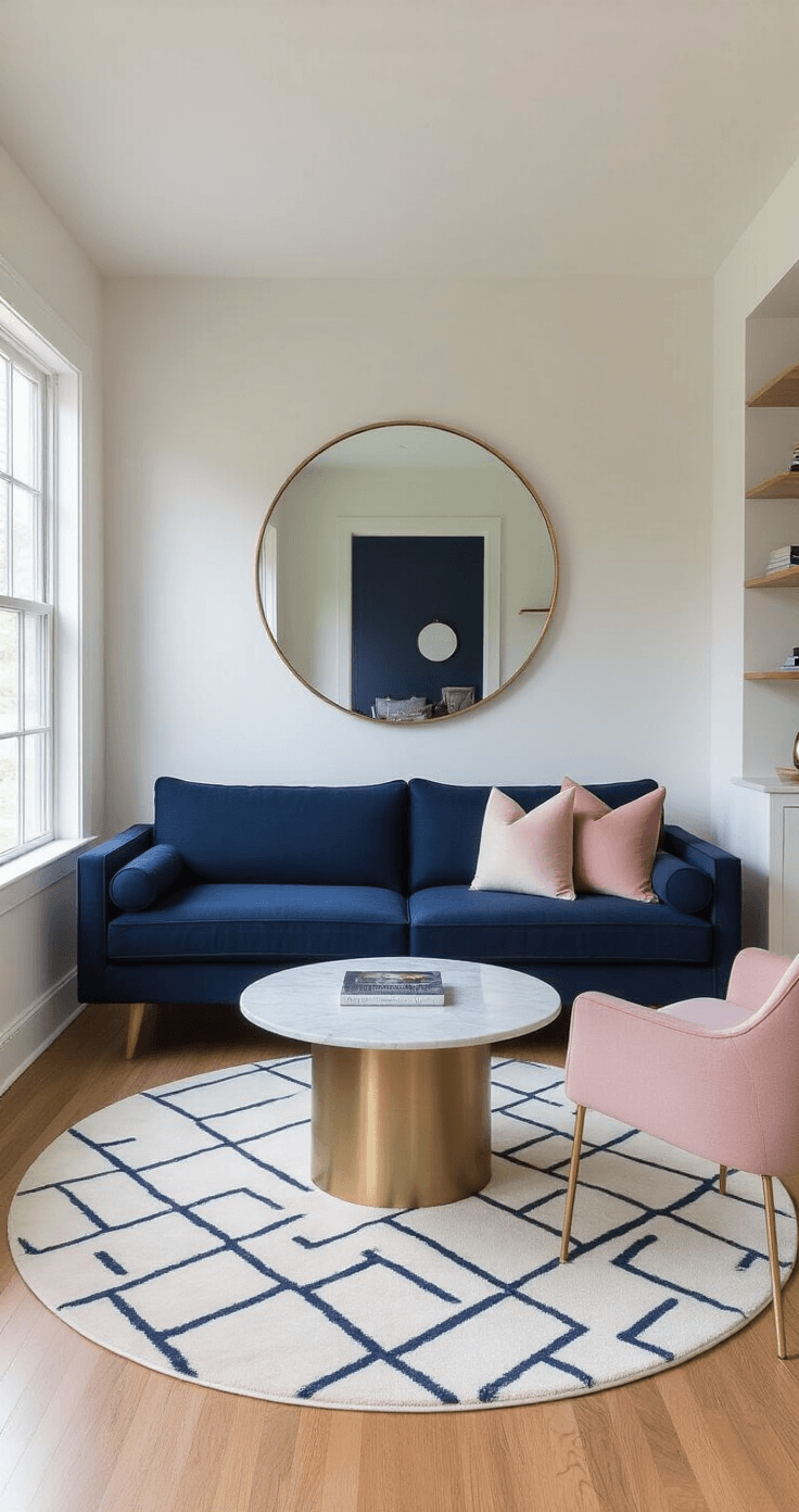 Why Your Living Room Still Feels Like a Waiting Room (And How I Fixed Mine in One Weekend) Compact 180 square foot living room featuring a sleek navy blue sofa, blush pink accent chairs, and a round marble coffee table under bright morning light from corner windows, with light wood floors, a large circular mirror, a geometric area rug, and built-in floating shelves, all enhancing space efficiency and airiness.
