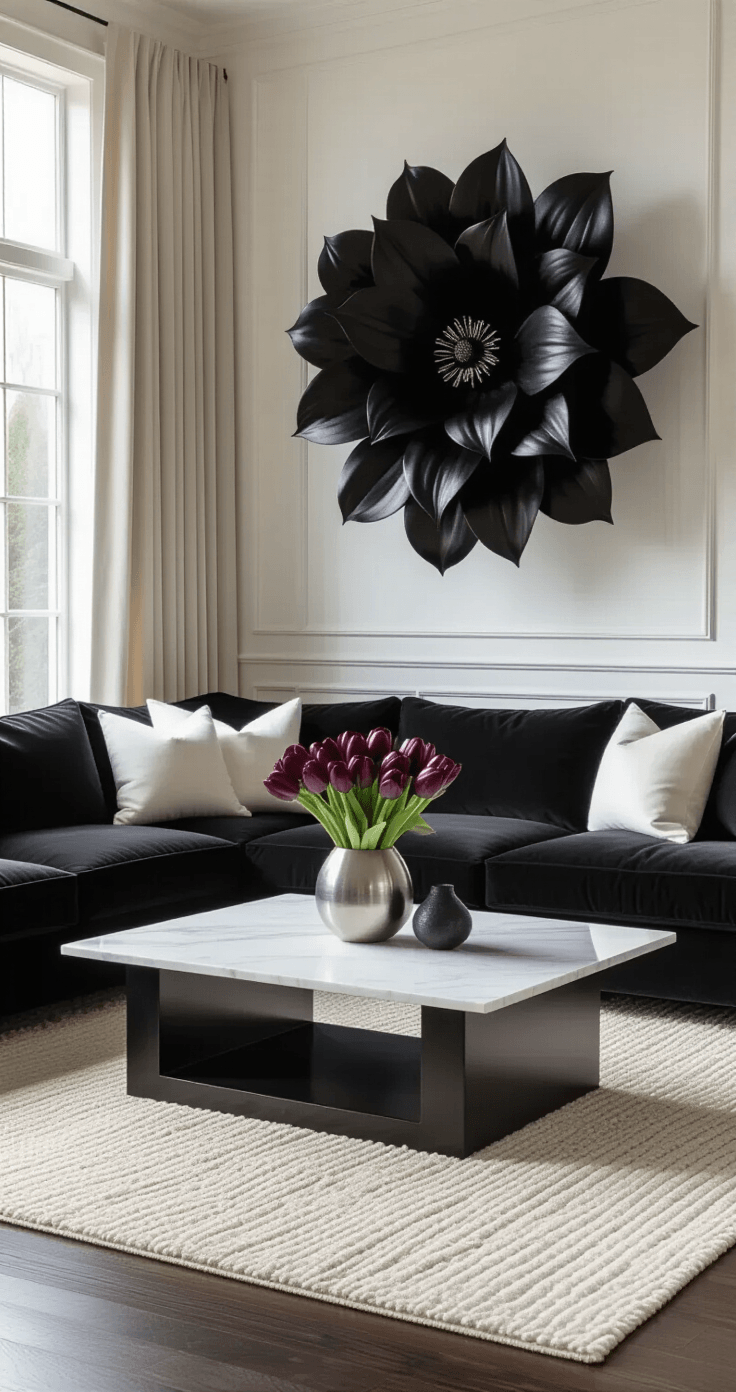 The Dark Side of Gardening: Why Black Flowers Are My New Obsession Photorealistic interior of a sophisticated living room featuring a dramatic black flower arrangement, mid-morning light through tall windows, sleek white marble coffee table with burgundy-black tulips, charcoal velvet sectional seating, rich espresso hardwood floors, and cream-colored walls, with black mondo grass in geometric planters and subtle textures from silk curtains and a woven ivory rug.