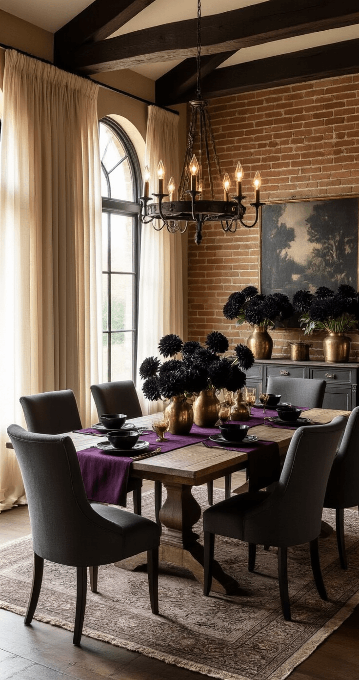 The Dark Side of Gardening: Why Black Flowers Are My New Obsession Photorealistic dining room with Gothic-inspired black flower arrangements, warm amber light filtering through sheer curtains, a rustic weathered oak farmhouse table, and six charcoal linen chairs, set against a distressed brick wall with a wrought iron chandelier above.