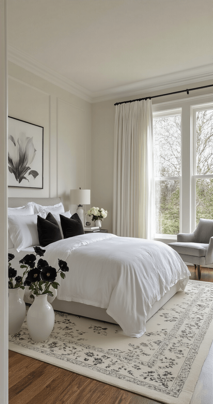 The Dark Side of Gardening: Why Black Flowers Are My New Obsession Photorealistic master bedroom with a black flower theme, featuring a king-size bed with white linen bedding, charcoal velvet accent pillows, and arrangements of black hollyhocks in white vases. Honey oak hardwood floors partially covered by a cream Persian rug, floor-to-ceiling windows with flowing white curtains, and a gray upholstered reading nook chair with a black calla lily stem on a small table. Soft afternoon light creates a serene atmosphere.