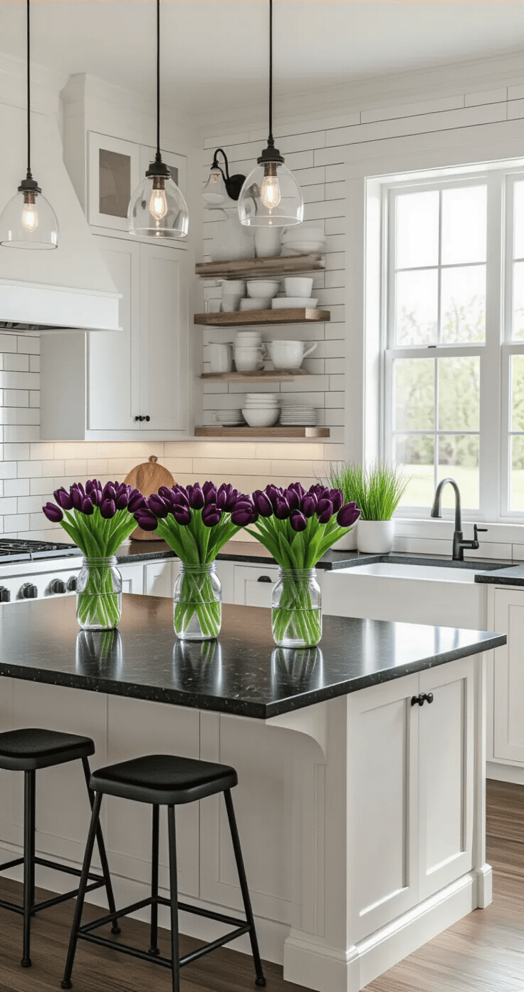 The Dark Side of Gardening: Why Black Flowers Are My New Obsession Photorealistic kitchen interior with black flower arrangements in mason jars on a 10-foot island, featuring white shaker cabinets, black granite countertops, and warm wood floors, illuminated by morning light.