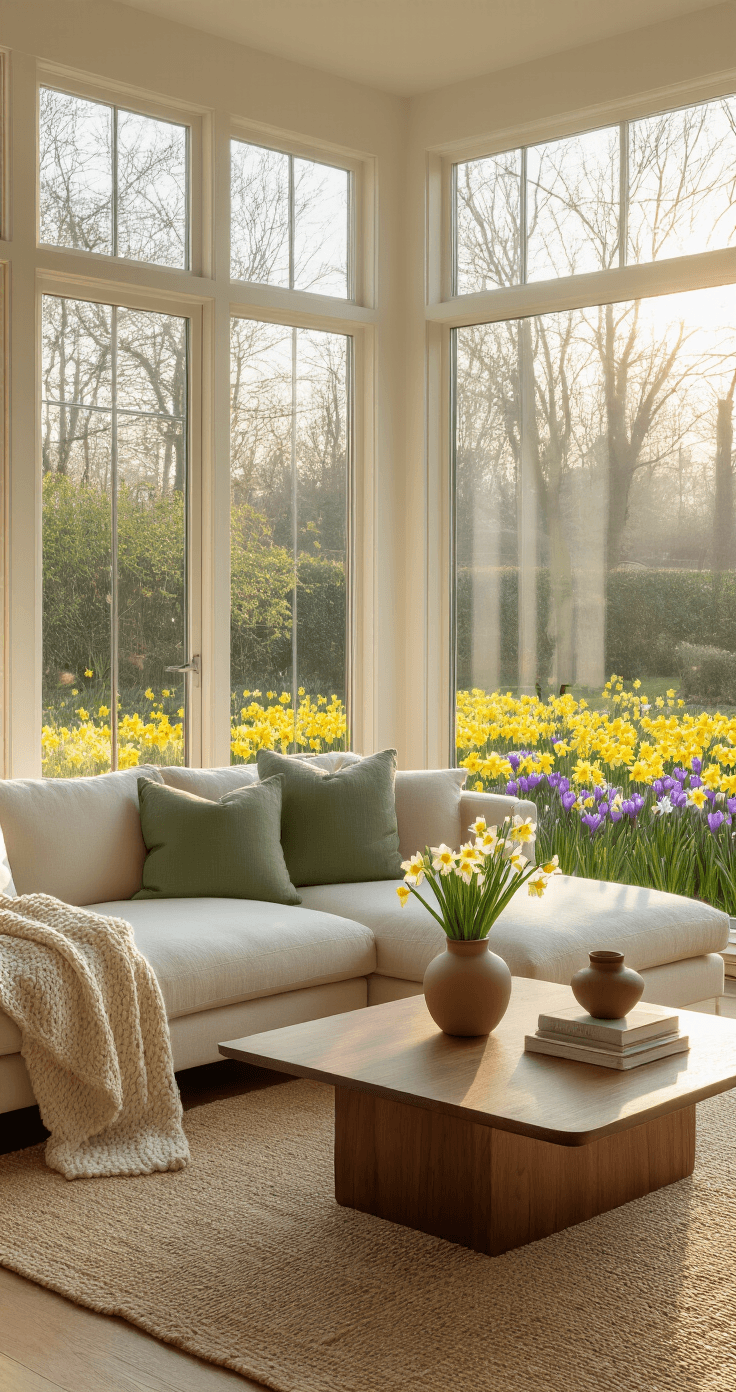 The Spring Flowers That'll Make Your Garden Actually Look Like Those Pinterest Photos Interior living room with floor-to-ceiling windows showing a garden of yellow daffodils and purple crocuses; featuring mid-century modern furniture, including a cream linen sectional sofa, walnut coffee table with a vase of hyacinths and forsythia, and soft sage green pillows. Warm golden hour light casts soft shadows across honey oak hardwood floors and a natural jute rug, creating a fresh, optimistic atmosphere.