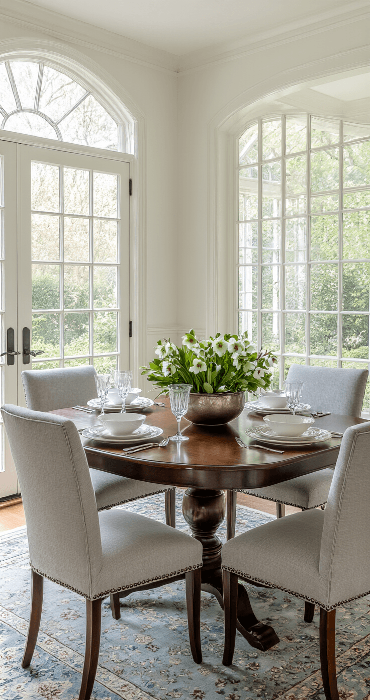 The Spring Flowers That'll Make Your Garden Actually Look Like Those Pinterest Photos Elegant dining room with French doors to a lush shade garden, featuring a dark cherry wood dining table set for spring brunch with white porcelain and crystal stemware. A low pewter bowl holds a centerpiece of burgundy and pale green hellebore blooms, surrounded by soft gray linen upholstered chairs. Warm white walls with crown molding and a muted blue and green Persian rug enhance the serene atmosphere, illuminated by soft north-facing light.